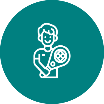 Icon of a smiling person holding a tennis racket.