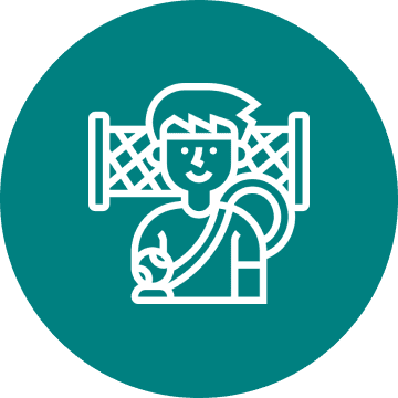 Icon of a smiling injured person with a sling and bandage near a fence.