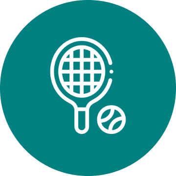 Tennis racquet and ball icon on teal background.