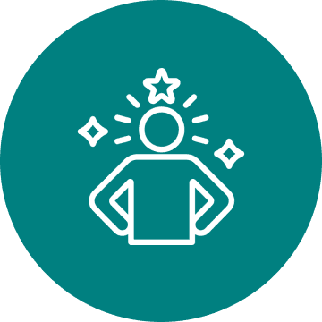 Person icon with stars symbolizing confidence and achievement.
